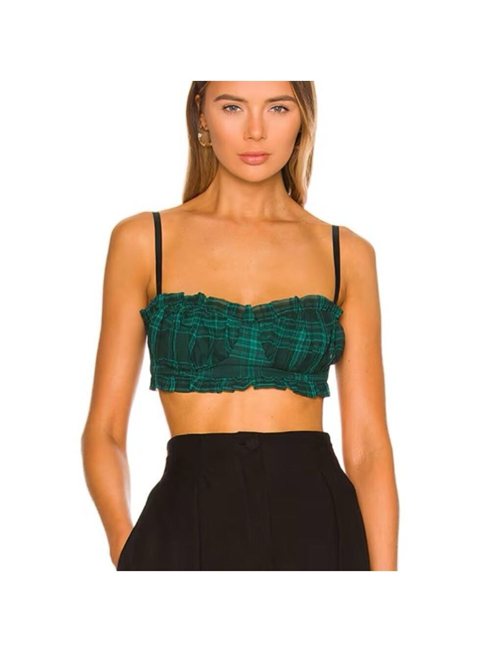 Superdown Zelia Bustier Green Plaid Ruffle Crop Top - Size S